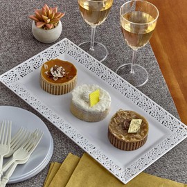 Silver Spoons White Plastic Rectangular Trays with Lace Rim - 14" x 7.5" (Pack of 6) - Perfect for Parties, Weddings & More