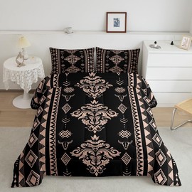Erosebridal Boho Aztec Black Comforter Set for Adults, Western Damask Southwestern Bedding Set Full Size, Vintage Victorian Baroque Duvet Insert for Teens Men Bedroom Decor, Exotic Native Quilt