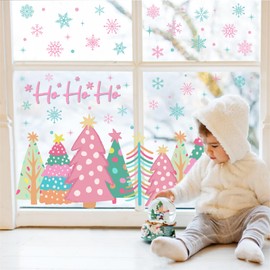 Whaline 6 Sheet Pink Christmas Window Clings Pink-Green Xmas Tree Snowflake Santa Reindeer Reusable Window Decals for Winter Holiday Home Glass Party Decor