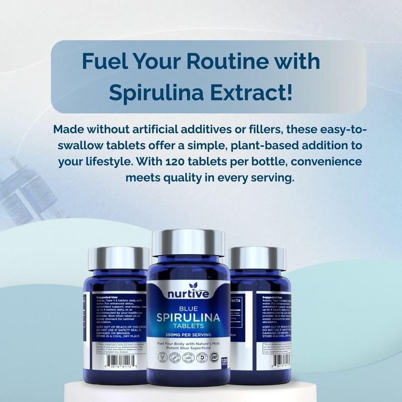 NURTIVE Blue Spirulina Tablets - 250mg per Serving, Phycocyanin Superfood