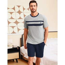 Marvmys Pyjamas for men, summer short set, contrasting colours, crew neck, short sleeve tops and shorts with pocket, S-3XL, gray