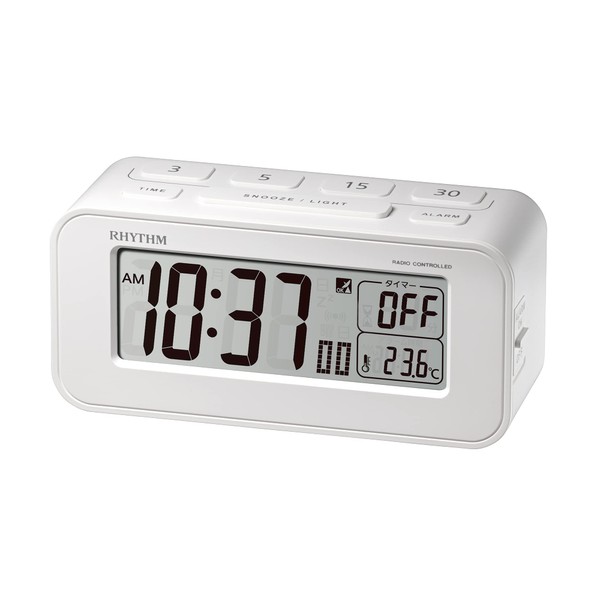 RHYTHM 8RZ231SR03 Alarm Clock, Radio Clock, Thermometer, 3, 5, 15, 30 Minutes with One Push Timer Function, Fit Wave Timer D231, White, 2.5 x 5.3 x 2.2 inches (6.4 x 13.6 x 5.7 cm)