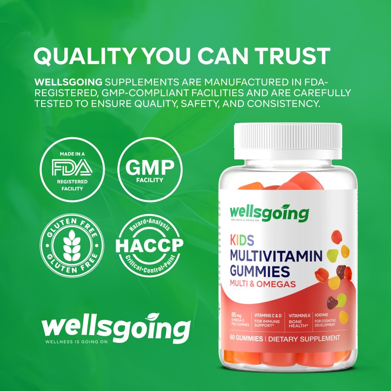 Wellsgoing Kids Multivitamin Gummies with Omega-3, Vitamins C, D, A,