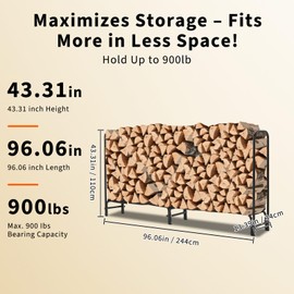 Elementool 8FT Heavy Duty Log Rack with Cover - 400LB Capacity Indoor/Outdoor Firewood Storage Organizer, Durable Steel Stacker with Ventilated Design, Tool-Free Assembly, Black