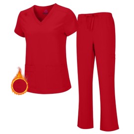M&M SCRUBS Women's Breathable Cool Stretch Fabric Scrub Top and cargo Pant Set (Red, X-Small-Petite)
