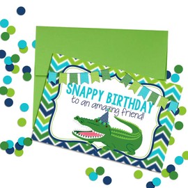 Snappy Birthday Alligator Themed Birthday Pun Themed Single (1) All Occasion Blank Birthday Card To Send To Friends & Family, 4"x 6" (when folded) Fill In Greeting Note Card by AmandaCreation