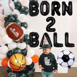 Wonmelody Sports 2nd Birthday Party Decors Sports Theme 2nd Birthday Party Supplies with Born 2 Ball Sports Banner Baseball Rugby Ball Basketball and Soccer Ball Foil Balloons Supplies for 2nd Boys