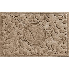 Bungalow Flooring Monogrammed Waterhog Door Mat, 2' x 3', Made in USA, Customizable, Skid Resistant, Indoor/Outdoor, Water-Trapping, Brittney Leaf Collection, Khaki/Camel