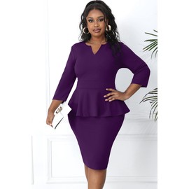 Runwind Womens Plus Size Dresses, Church Work Professional Business Office Vintage Peplum 3/4 Sleeve Midi Fall Dress Purple 4XL