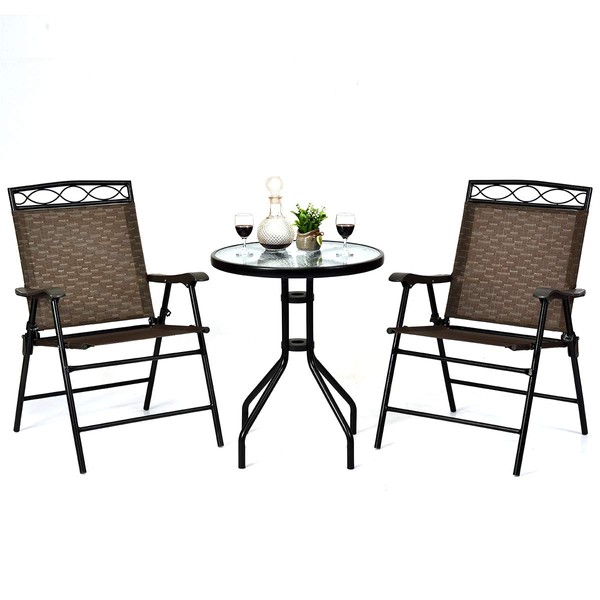 Giantex Patio Dining Set Round Glass Table with 2 Patio Folding Chairs, Outdoor Table and Chairs for Garden, Pool, Backyard, Tempered Glass Tabletop with Umbrella Hole (Brown)