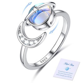Adramata 925 Silver Anxiety Ring for Women 18 Carat Gold-Plated Anxiety Ring Open Moonstone Ring for Anti-Stress Adjustable Star Moon Silver Ring Spinner Ring Fidget Ring for Anxiety, Silver