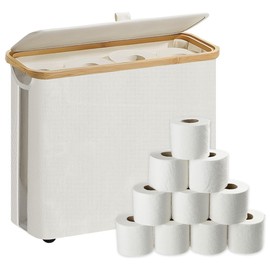 FHUIEWRY Toilet Paper Holder, Bamboo Toilet Paper Storage with Lid Large Storage Basket, Free Standing Toilet Paper Organizer for Bathroom Holds Upto 9 Mega Rolls or 12 Regular Rolls