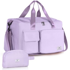 FIORETTO Womens Mens Sports Gym Bag Duffle Bag with Shoes Compartment, Weekend Travel Bag Overnight Bag for Women, Foldable Water Resistant Holdall Hospital Bag for Swimming with Toiletry Bag Purple