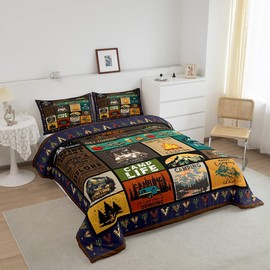 jejeloiu Camper Bedding Set Queen Size Kids Camper Accessories for Travel Trailers Comforter Cover for Boys Girls Teens Happy Camping Duvet Cover Breathable Soft Lightweight Microfiber Quilt Set