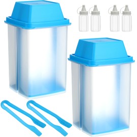 Pickle Container with Strainer 2 Pcs Jalapeno Container 40.5 oz with Tongs 4 Pcs Sauce Bottles Large Plastic Pickle Jar with Lifter Keeper for Cornichon Olive Gherkins Food(Blue)