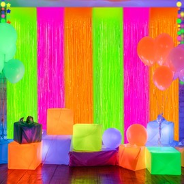 Lecheme Glow in The Dark Party Supplies 2 Pack Neon Party Decorations Foil Fringe Curtains 3.3x6.6 ft Fluorescent Green Pink Orange Tinsel Streamers Glow Backdrop Photo Props