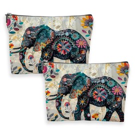 2 Pcs Bohemian Style Elephant Makeup Bag With Zipper, Ethnic Style Floral Elephant Print Lightweight Foldable Travel Cosmetic Bag And Women Toiletry Storage Bags for Women Friend Coworker Sister