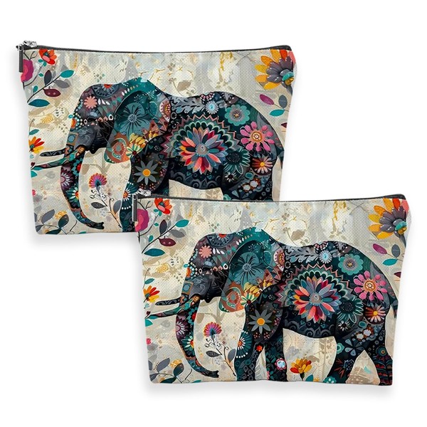 2 Pcs Bohemian Style Elephant Makeup Bag With Zipper, Ethnic