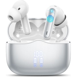 Wireless Earbuds, Bluetooth 5.4 Headphones in Ear with 4 ENC Noise Cancelling Mic, New Wireless Earphones HiFi Stereo Deep Bass 40H Playtime, in-Ear Bluetooth Earbuds LED Display IP7, USB-C, Silver