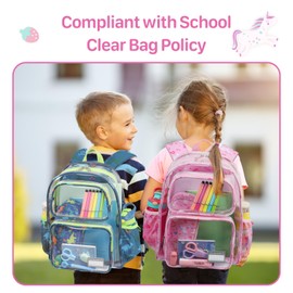 Bagseri Clear Backpack for Kids - 15 Inch Clear Bookbag for Girls Aged 3 to 8 Heavy Duty Transparent Backpack for School, Safe Reflective Strip, Cute Fabric Back Panel, Pink Unicorn