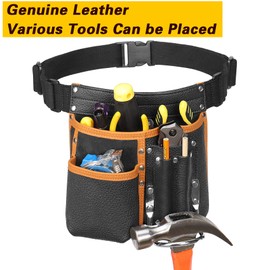 quipuda Tool Pouch, Genuine Leather Tool Belt Pouch, with Adjustable Waist Belt, Tool Bag with Hammer Holder for Carpenters, Gardeners, Frame Builders, Roofers, Craftsmen