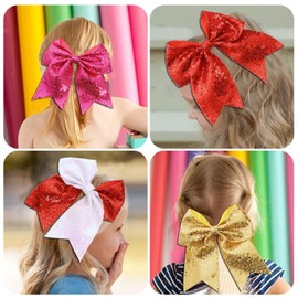 Large Red White Sequin Glitter Cheer Hair Bows,Sparkly Bows Ponytail Holder Elastic Band for Cheerleading Teen Girls College Sports (Red White)