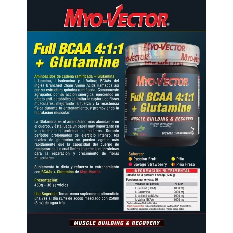 Bcaa 411 Glutamina Myo-Vector 450g Sabor Maracuyá Vegano