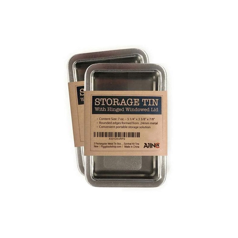 Rectangular Metal Storage Tin Box with Windowed Hinged Lid -