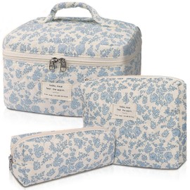 Epzia Makeup Bag, Large Quilted Cosmetic Bag, Big Floral Make Up Bag for Women Girls, Cute Cotton Makeup Bag Set, Flower Travel Toiletry Organizer Bag Makeup Bags