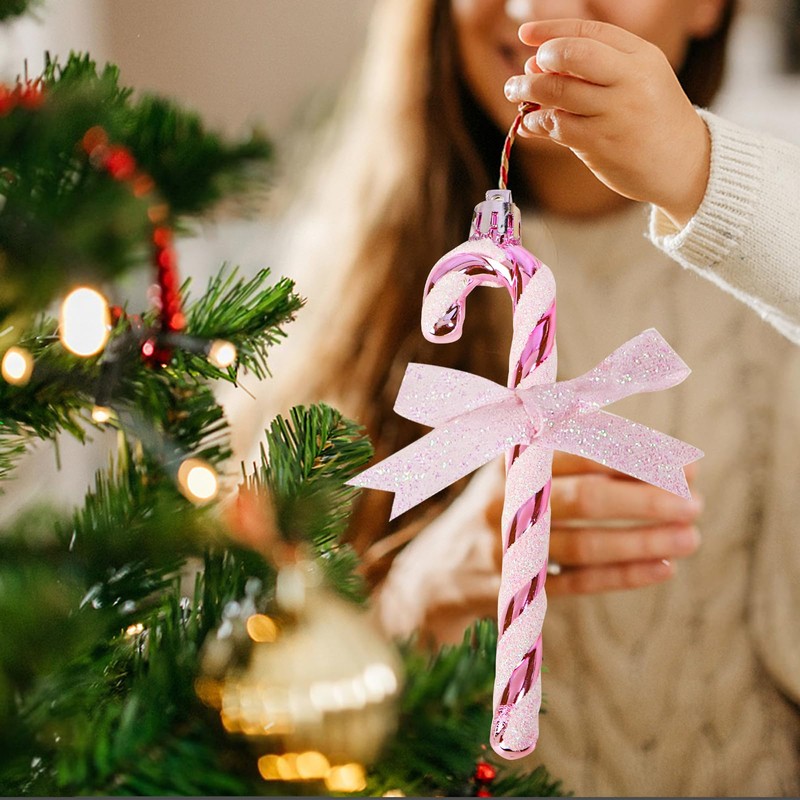 6pcs Candy Cane Christmas Decorations Glitter Pink Christmas Tree Decorations