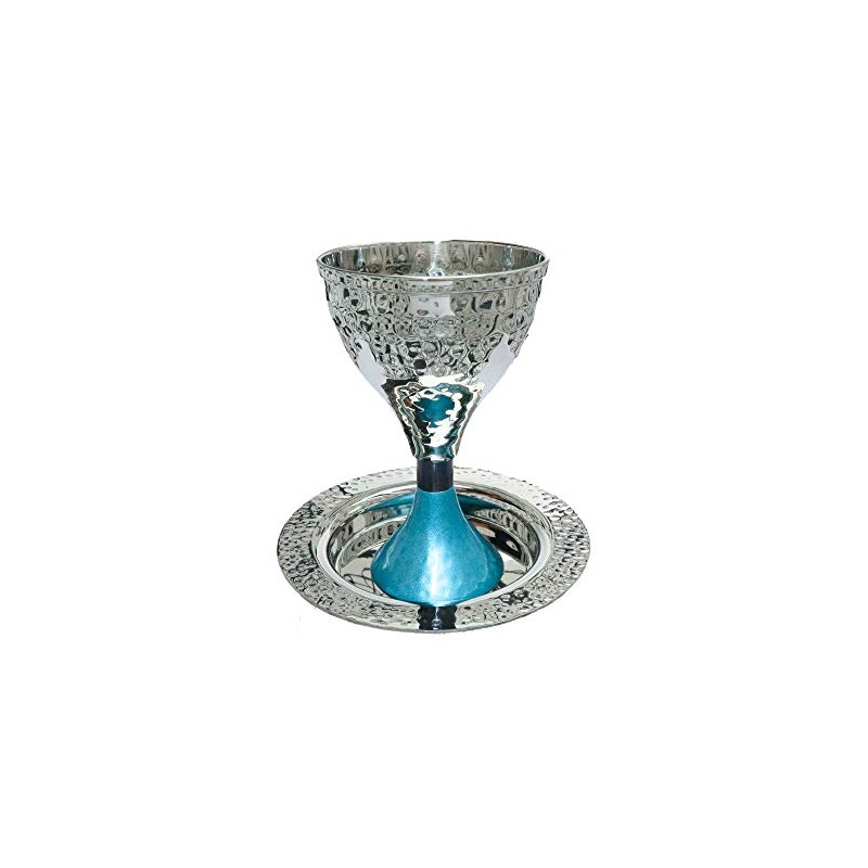 Yair Emanuel Hammered Modern Kiddush Cup with Turquiose Pedastal