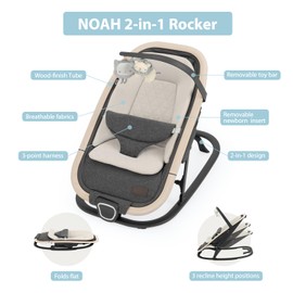 IKOMZY Noah 2-in-1 Baby Bouncer & Rocker - Portable Reclining Chair with Cushion & Toys for Infants 0-9 Months, Charcoal