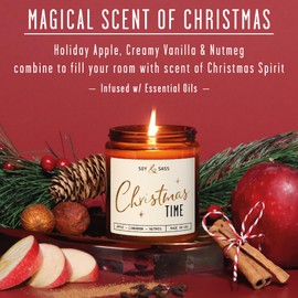 Christmas Candles Scented – ‘Christmas Time’ Soy Christmas Candle, w/Apple, Cinnamon, Clove - Infused with Essential Oils I Holiday Candles I 9oz, 50Hr, Made in USA