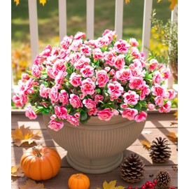 Artificial Fake Outdoor Outside Flowers Plants For Fall Decor, Faux Silk Pink Camellia UV Resistant Realistic for Front Door Porch Patio Planter Balcony Garden Yard Home Decor, 3 Large Bundles