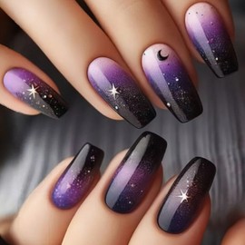 Ombre Press on Nails Medium Coffin Fake Nails with Stars Moon Designs Gradient Nails Press ons Purple Black Glue on Nails Acrylic False Nails Glossy Stick on Nails for Women 24Pcs