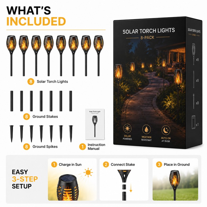 Solar Flame Torch Lights for Garden Decor – Flickering LED