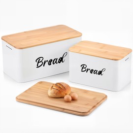 Metal Bread Box Set of 2 with Bamboo Lid, Modern Bread Storage Containers with Air Vents, Bamboo Cutting Board Lid, Farmhouse Kitchen Decor Organizer for Countertop, 2-Size (Large & Small)White