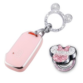 XUPEIXUN 3 Pcs Pink Car Accessories for Kia Cerato Ceed Forte NIRO Sorento Seltos Sportage Soul Telluride Key Fob Cover with Bling Keychain Cute Push to Start Stop Button Cover
