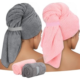 2 Pack Extra Large Microfiber Hair Towel Wrap for Women, 40 inch X 24 inch Anti Frizz Hair Drying Towel with Elastic Strap,Hair Wrap Towels Absorbent Quick Dry Hair Turbans for Drying Long Hair