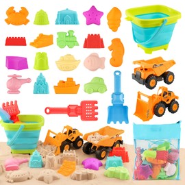SHAINE 24-Piece Beach Sand Toy Set, Sand Toy Beach Toy with Foldable Bucket, Children's Excavator Mesh Bag, Travel Sandpit Toy, Sand Moulds, Sand Shovel for Boys Girls from 3 Years