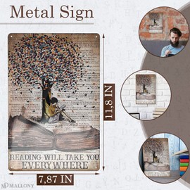 Noete Reading Will Take You Everywhere Metal Sign - Vintage Decor Girl Reading Wall Quotes Library Wall Decor Metal Signs for Home Office - Reading Sign Book Poster for Classroom Decoration
