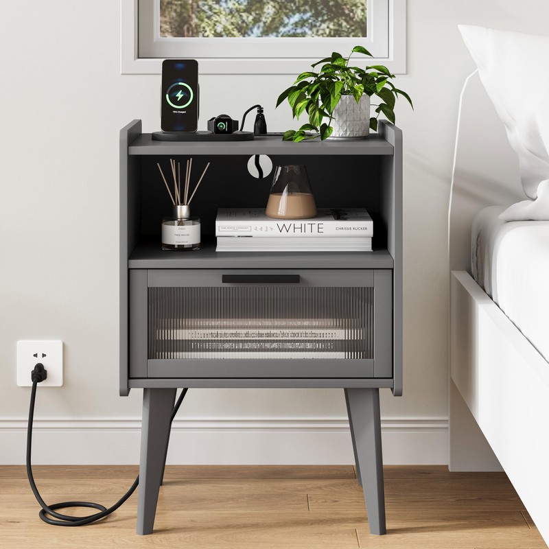 MMEOLUOOK Nightstand with Charging Station, Bedside Tables Grey End Table