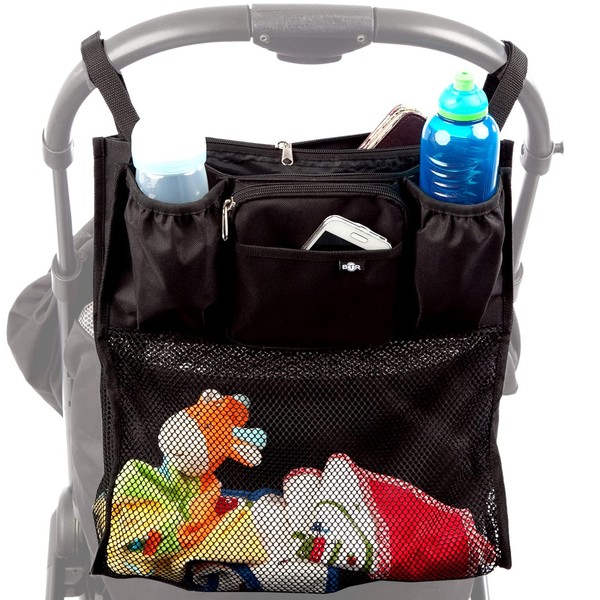 BTR Slimline Pram Buggy Organiser Storage with Shopping Net. Universal Fit & Water Resistant Plus 2 Free x Buggy Clips.