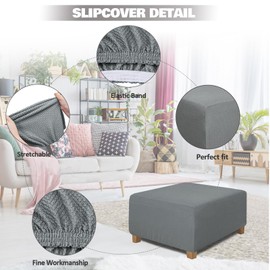 NeColorLife Square Ottoman Cover Jacquard Fabric Thick Stretchable Slipcover for Oversized Square Ottoman Furniture Protector,X-Large,Grey