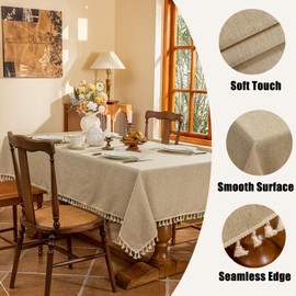 AmHoo Linen Blend Tablecloth Table Cloth 280 GSM Stitching Tassel Rectangle Decorative Natural Table Cover for Kitchen Dinning Wedding Buffet 55×120 inch Natural