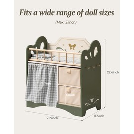 ROBOTIME Baby Doll Crib, Wooden Doll Bed, Toy Baby Crib with Storage, Bedding, and Wooden Hooks, Doll Crib Fits Dolls up to 22’’, Doll Furniture for American Girls Ages 3+ (Green)
