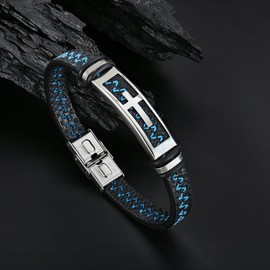 OSKINIA Mens Bracelet Stainless Steel Leather Braided Cuff Cross Cruxifix Jesus Christ Faith Religious Bracelet Wristband Punk Jewelry for Men/Father/Friends/Brother Blue