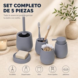 Set de Accesorios para Baño 5 Piezas Diseño Minimalista Moderno  Incluye Escobilla, Dispensador, Vaso, Porta Cepillos y Jabonera