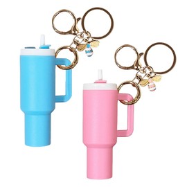 QKEPCY Mini Cup Keyring for Car Keys, Removable Cup Keyring, Women's Bag Charm Key Rings for Bag, Lip Balm Key Ring with Bee Pendant, Pink & Blue, Unit size