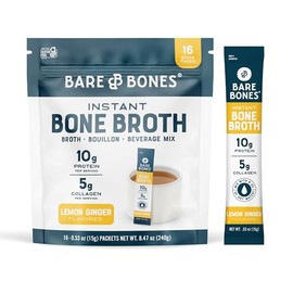 Bare Bones Lemon Ginger Bone Broth Instant Powdered Mix Packets | 5g Collagen | 10g Protein | Keto & Paleo Friendly | No Artificial Flavors | Rich Sav